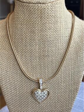 Gold Tone Clear Rhinestone Woven Heart Pendant Necklace